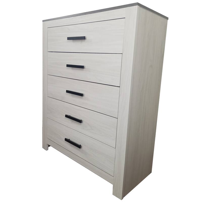 Kopa 45 Inch Tall Dresser Chest, 5 Drawers, Black Handles, White Wood