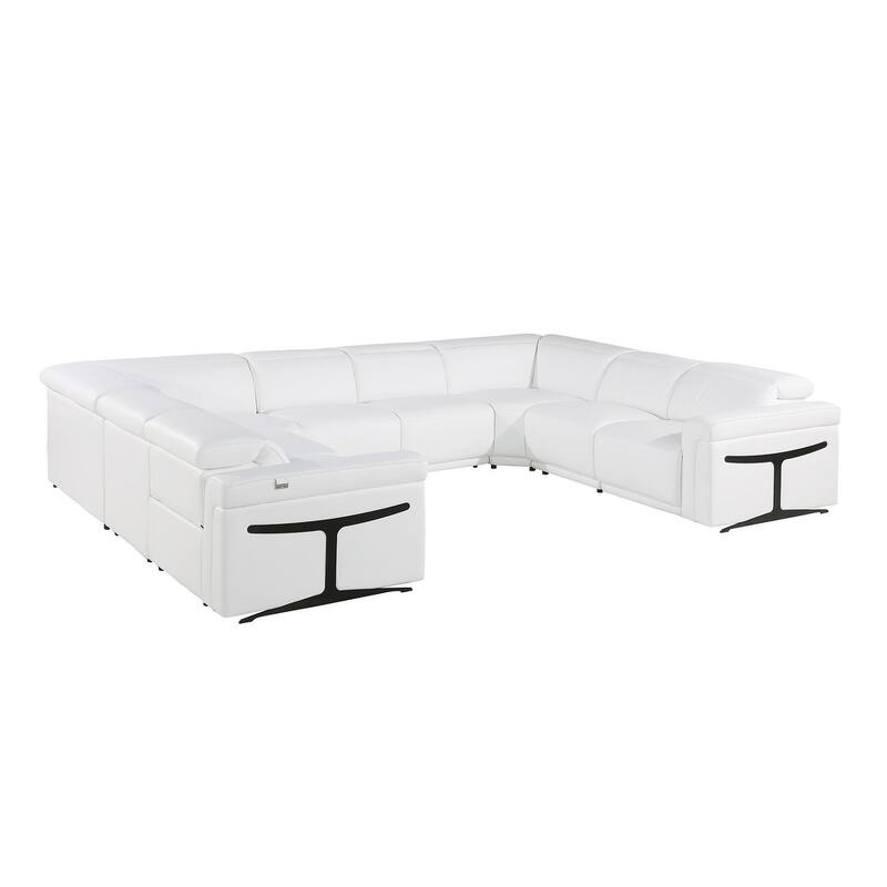 HomeRoots White Italian Leather Power Reclining U Shaped Eight Piece Corner Sectional With Console