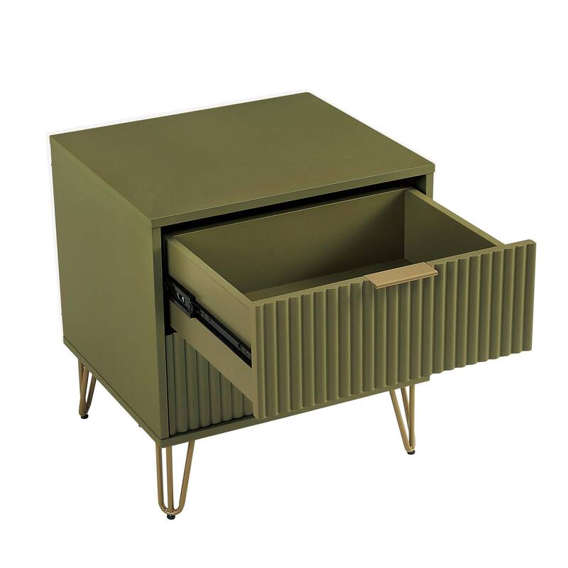 Fluted Nightstand with 2 Drawers Metal Legs Tool Free Assembly
