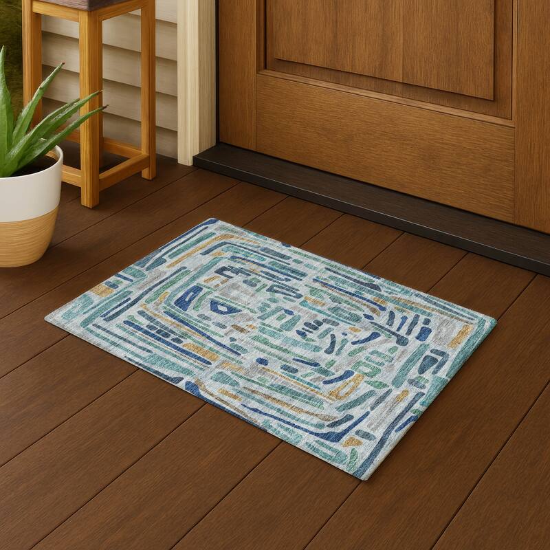 Machine Washable Indoor/ Outdoor Global Geo Chantille Rug - Teal - 1'8" x 2'6"