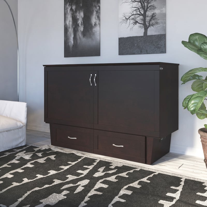 Monroe Queen Murphy Bed Chest with 6" Mattress, Storage Drawer & Built-In Charger in Espresso