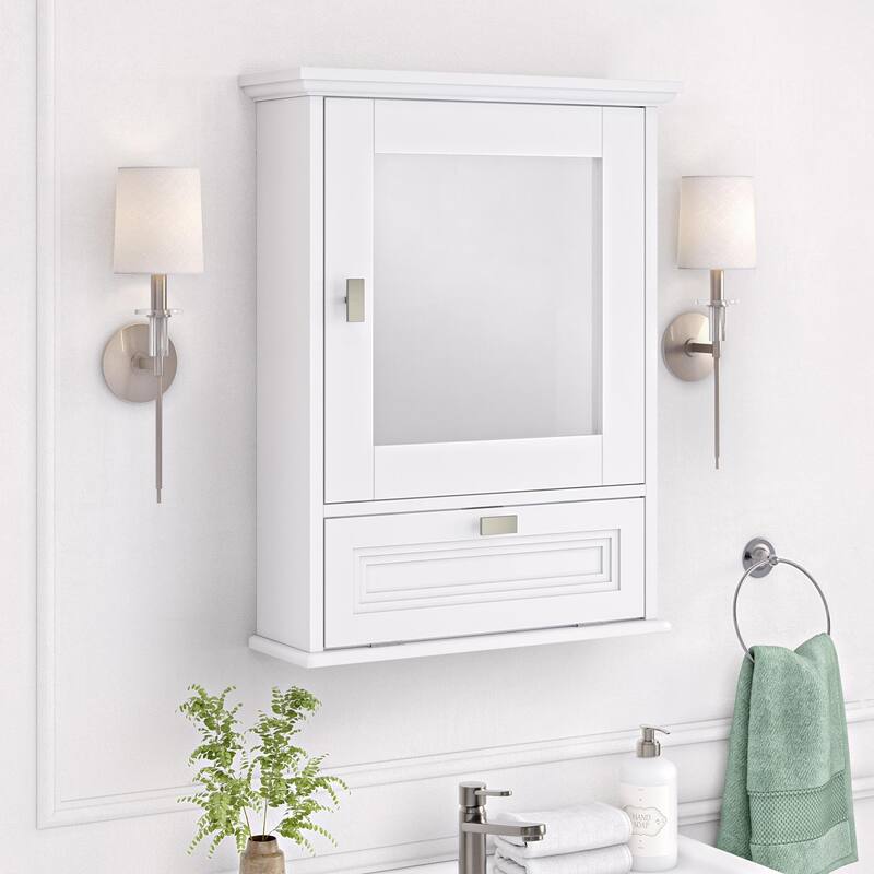 Geneva Wall Cabinet with Mirror and Layered Drop-Down Door – White