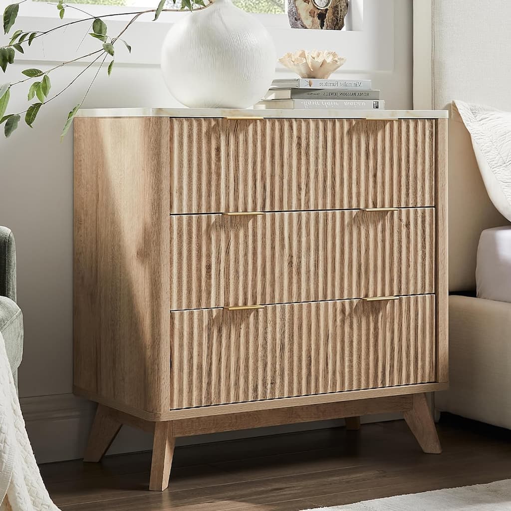 Modern Fluted 3 Drawers Dresser, Chest of Drawers for Bedroom