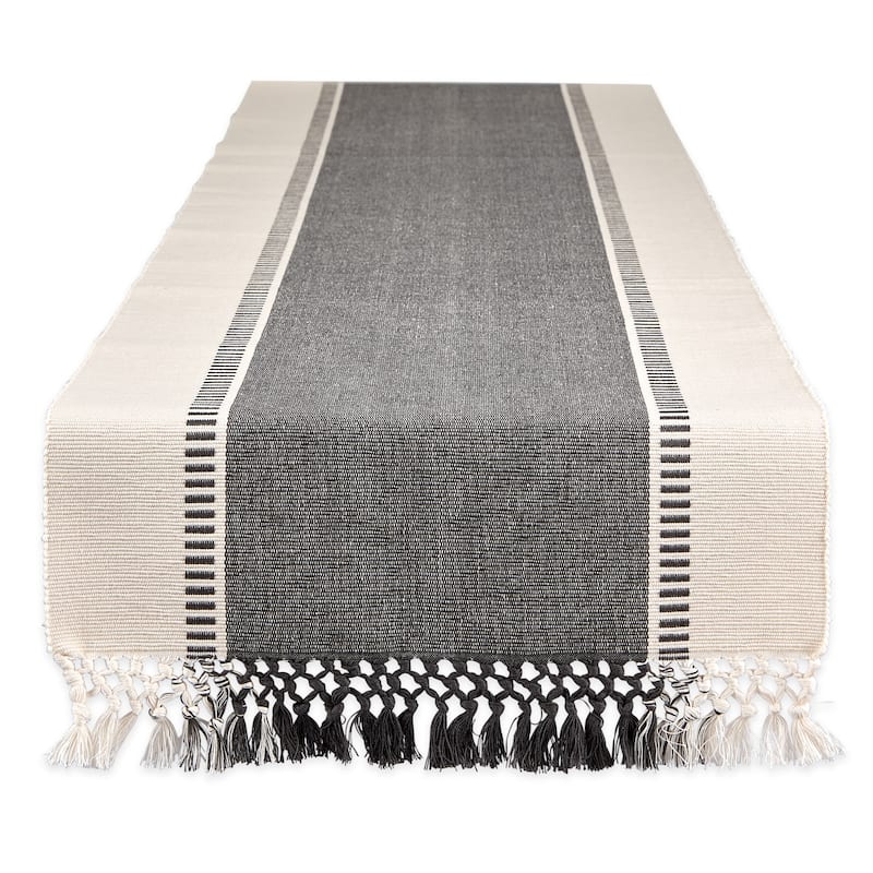 Dobby Striped Cotton Table Runner with Tassels - 108" - Tan and Black