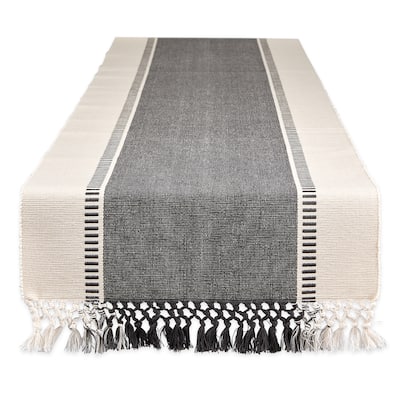 Dobby Stripe Ribbed Table Runner with Tassels - 72" - Black and Cream