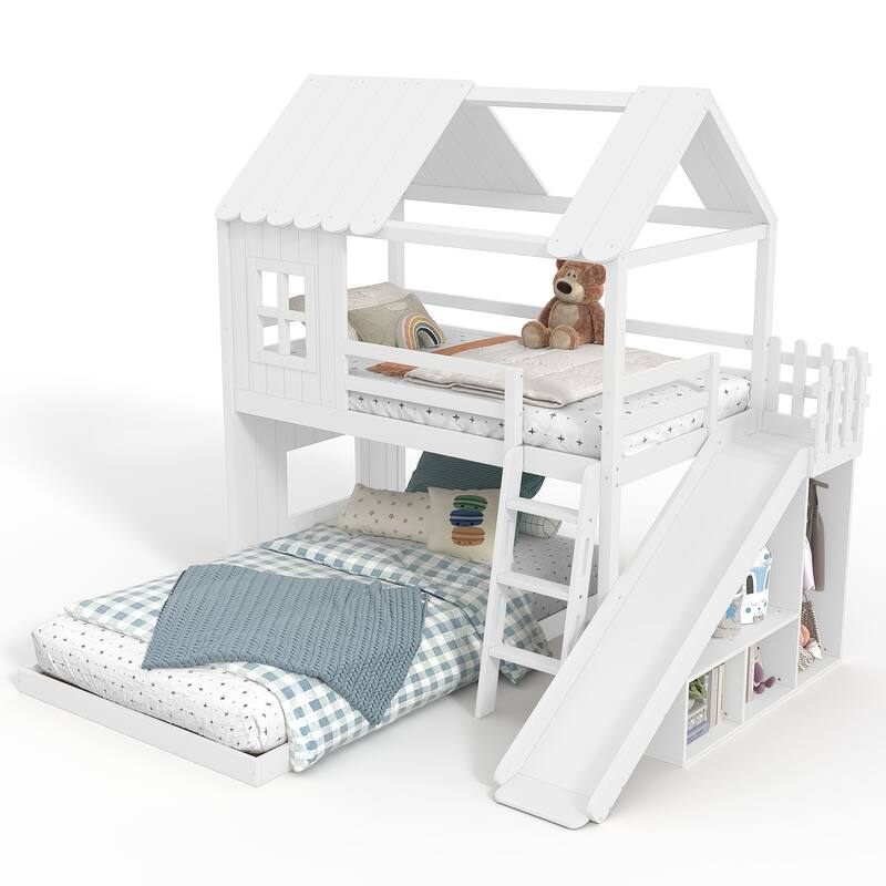 Twin over Full House Bunk Bed with Ladders and Slides, House Floor Bunk Bed with Storage Shelves and Wardrobe