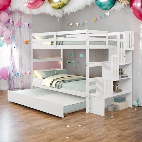 slide 2 of 15, Twin over Twin Bunk Beds With Twin Trundle and Stairway Storage Function Grey
