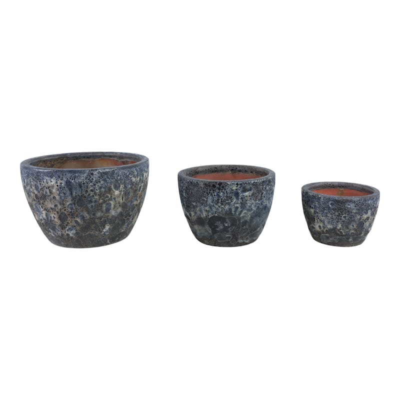 Planters Pottery Clay Modern Textured Round Design (Set of 3) - 15" x 15" x 10" - Blue