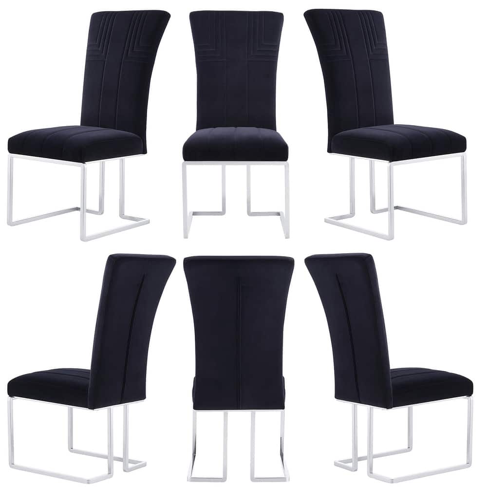 Modern Black Velvet Dining Room Chairs with Mirrored Silver Sled Legs