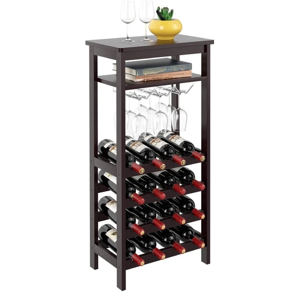 Wooden Wine Rack with Glass Holder Rack 6 Tier Free Standing Wine