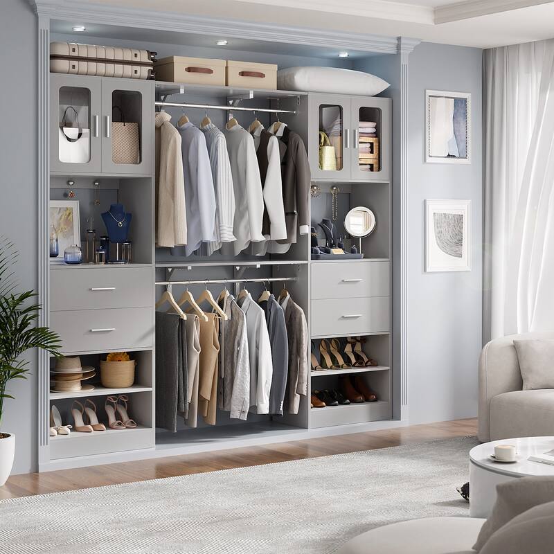 Rackcog Closet System with Doors and Drawers, Storage Organizer with DIY Shelving for Walk-in Closet - Set of 2 - Grey