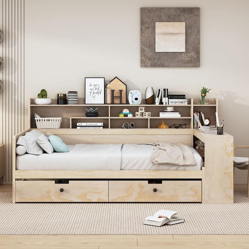 Wooden sofa bed with two storage drawers and desk