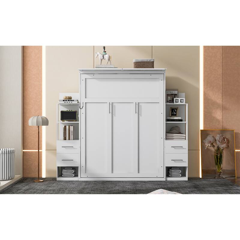 Roomfitters Queen Size Murphy Bed with Shelves, Foldable Wall Bed with Storage and Lighting