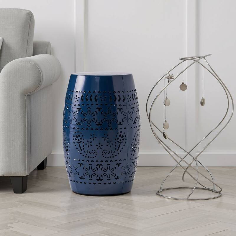 Glena Side End Table, Barrel Shape Lace Cut Design, Blue Iron 12 Inch