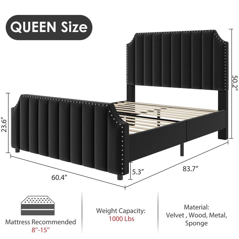 Velvet Upholstered Bed Frame with Headboard and Footboard