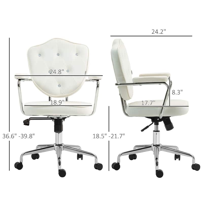 Cute Home Office Chair, Computer Desk Chair with Button Tufted Velvet-Feel Fabric, Swivel Vanity Chair, Cream White
