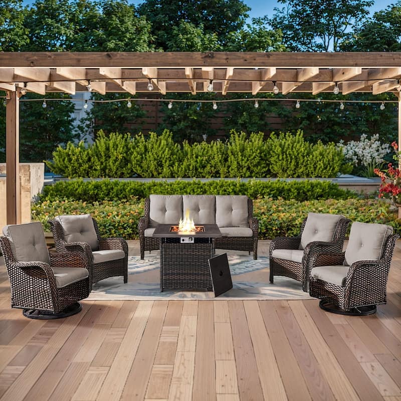 Gymojoy 6-Piece Outdoor Wicker Patio Furniture with Fire Pit Table, Rattan Coversation Set with Water Resistant Thick Cushions - Brown Wicker / Beige Cusion - 6-Piece