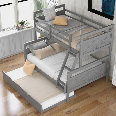 Gray Twin over Full Bunk Bed with Ladder, Twin Size Trundle, Safety Guardrail
