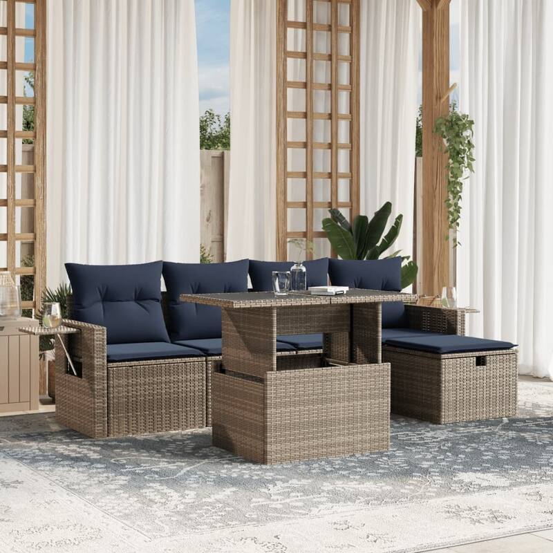 vidaXL Patio Sofa Set with Cushions and Table Outdoor Garden 6 Piece Poly Rattan - Gray - 21.7" x 24.4" x 27.2"