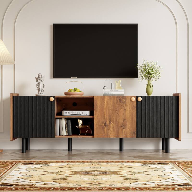 Mid-century TV Stand for TVs up to 70" with 3 Cabinets and 2 Open Storage Compartments, for Living Room and Bedroom