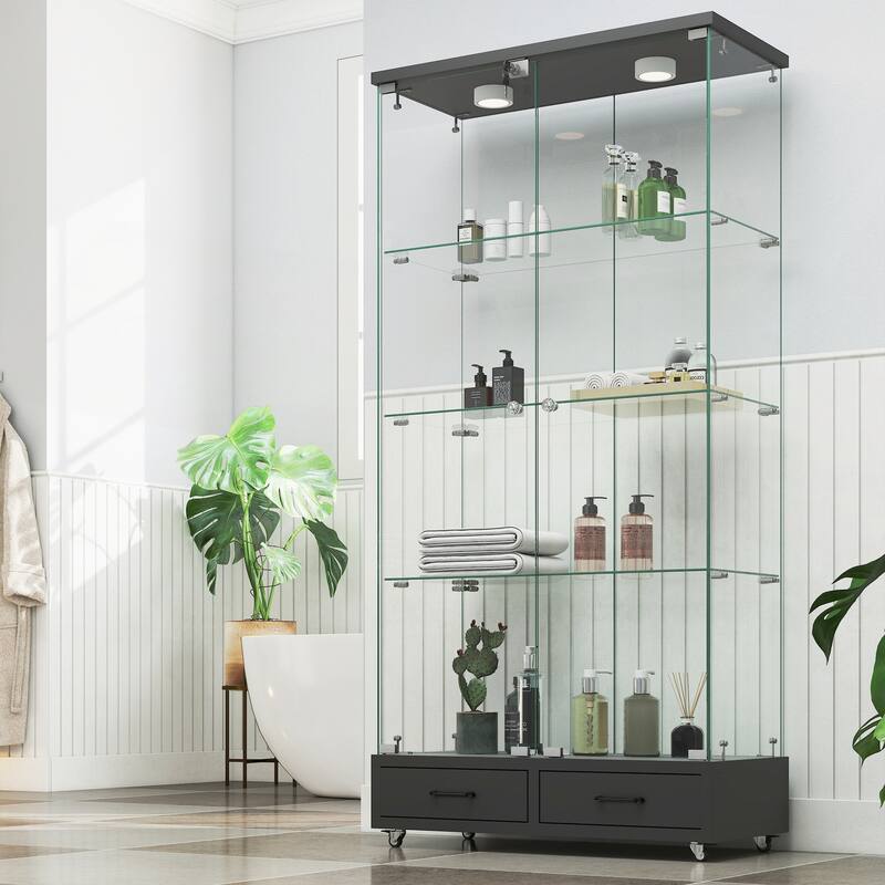 Modern Glass Display Cabinet with Large Drawer for Living Room and Bedroom