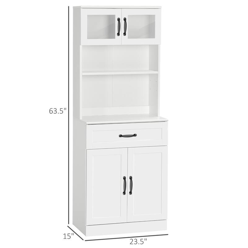 White Kitchen Pantry Cabinet with Glass Doors and Adjustable Shelves Drawer and Counter Space - 23.5" W x 15" D x 63.5" H
