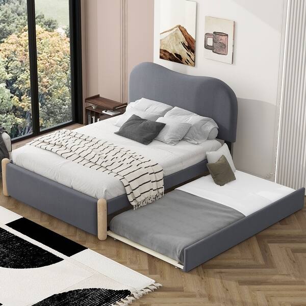 slide 2 of 7, Grey Full Size Upholstered Platform Bed with Headboard, Trundle, and Wooden Feet Grey