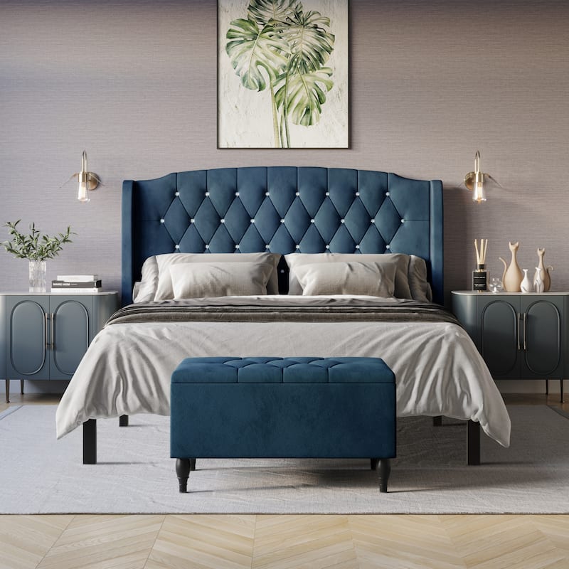 CraftPorch 2 Piece Bedroom Bench Set Velvet Wingback Upholstered Bed
