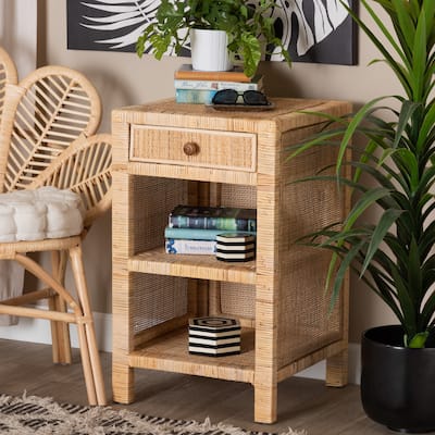Bella Modern Bohemian Natural Brown Mahogany Wood and Natural Rattan 1-Drawer Nightstand
