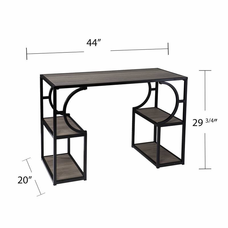 Tyberton Gray and Black Writing Desk with Storage 4 Open Shelves, Modern Pedestal Base, MDF Construction