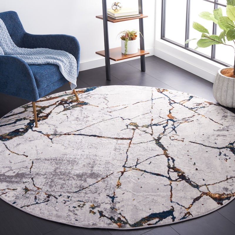 SAFAVIEH Amelia Fietje Modern Abstract Distressed Rug - 6'7" Round - Grey/Blue Gold