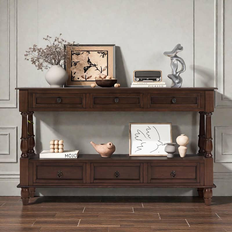 Solid Wood Console Table with 6 Drawers and Shelf, 54 Inch Vintage Entryway Sofa Table
