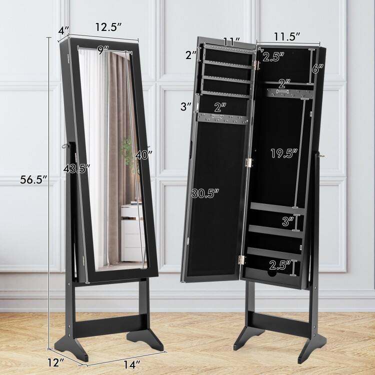 Mirrored Standing Jewelry Cabinet Storage Box - 13" x 14.5" x 56" (L x W x H)