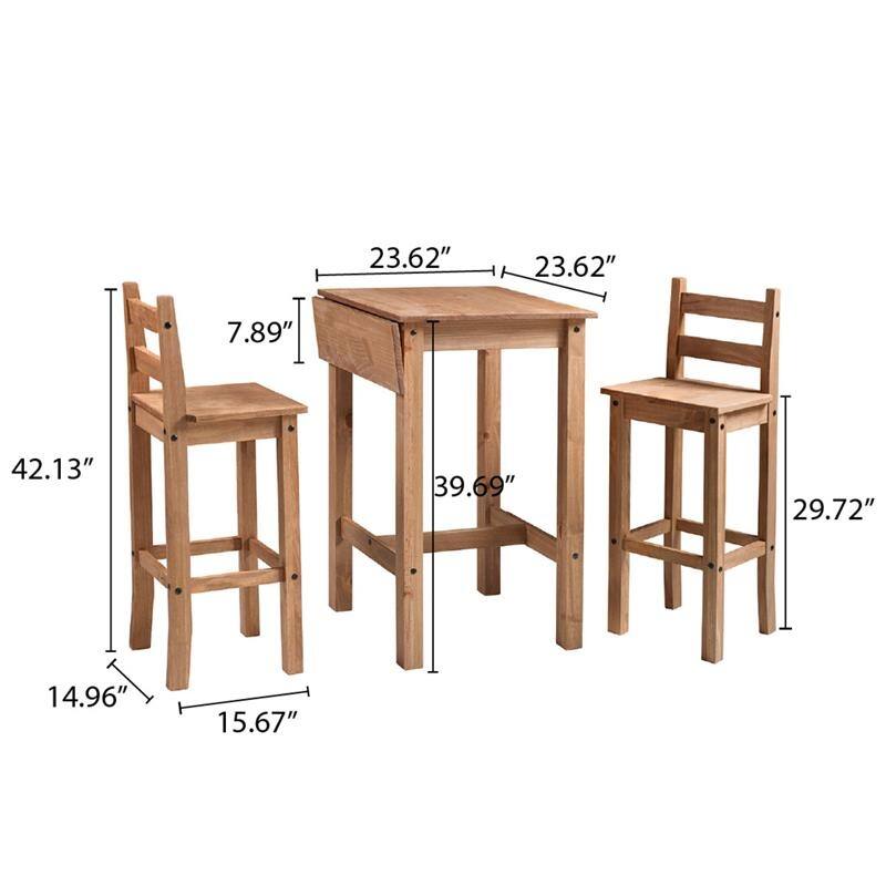 Wood Bar Height Dining Set of Drop Leaf Table and 2 Chairs Corona Collection | Furniture Dash