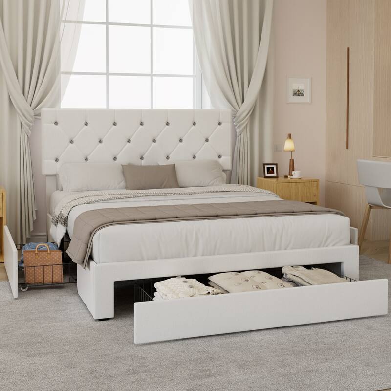 VECELO Bed Frame with Storage Drawers, Leather Upholstered with Diamond Tufted Headboard, Solid Wood Slat Support