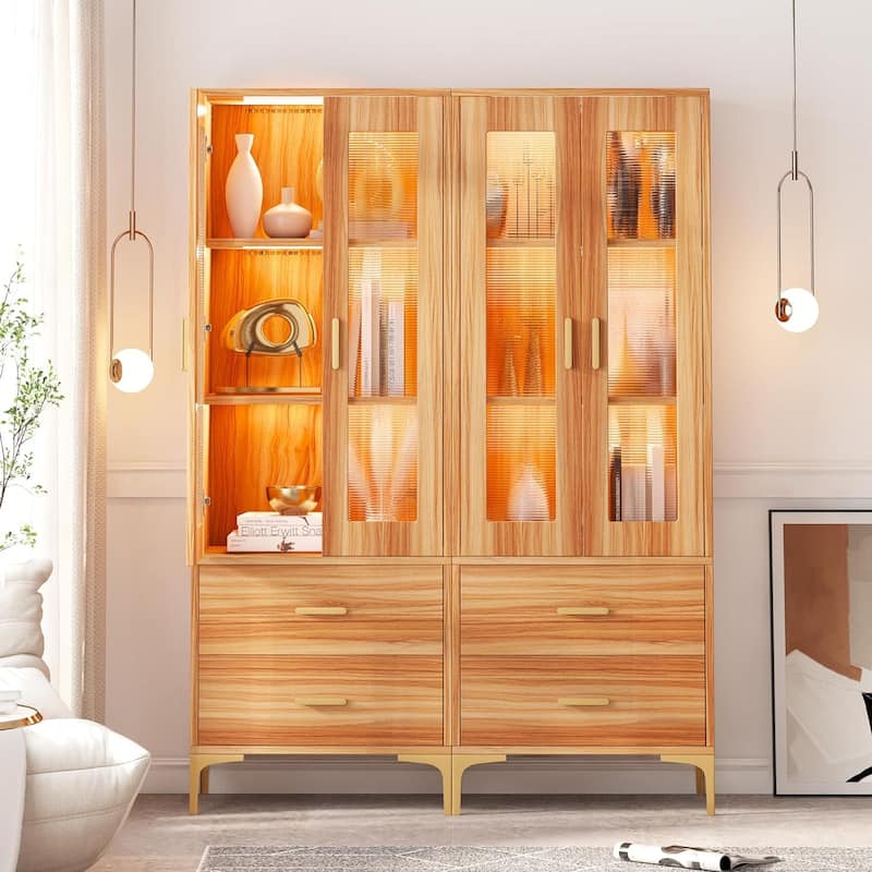 Tall Bookcase Bookshelf with Doors and LED Light