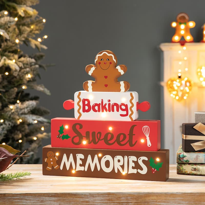 Glitzhome 12"H Lighted Wooden Christmas Gingerbread Man Block Table Decor