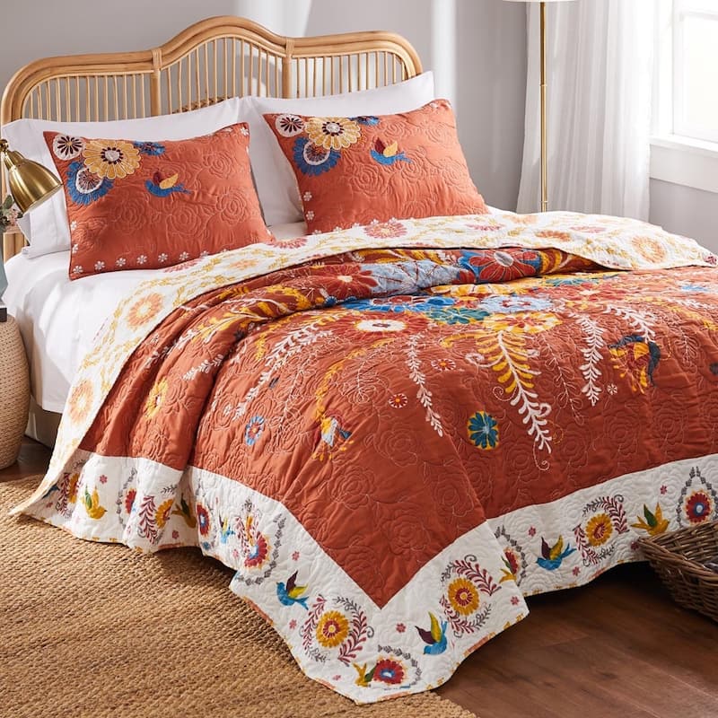 Barefoot Bungalow Topanga Orange Bohemian Floral Quilted Bedding Set
