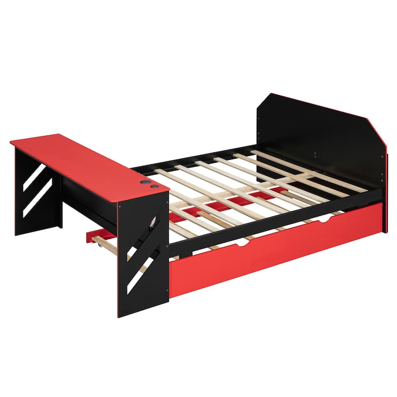 Full Daybed with Trundle, Wood Daybed with Built-in Desk and USB Charging Station, Twin Trundle Bed with Storage