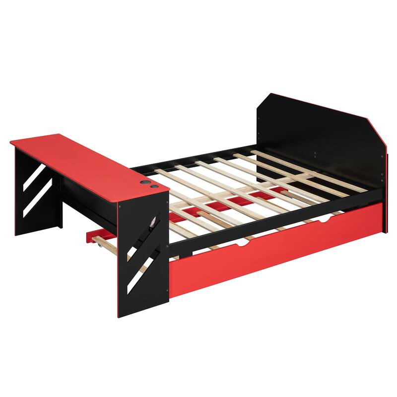 Modern Wood Daybed with Twin Trundle, Desk, and USB Port in Red