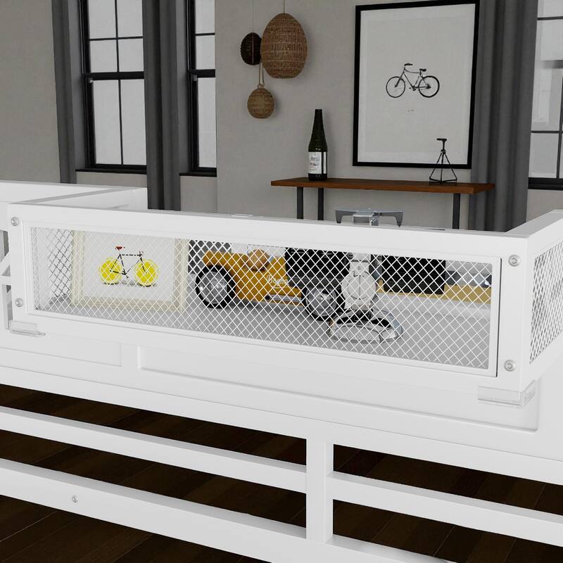 Full/Queen Size Metal Loft Bed with Stairs and Wardrobe, High Loft Bed with House-Shaped Guardrails for Kids and Teens