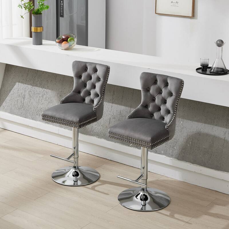 Thick Chrome Swivel Velvet Barstools,Adjustable Height,Modern Upholstered,Sponge&Spring（Set of 2)