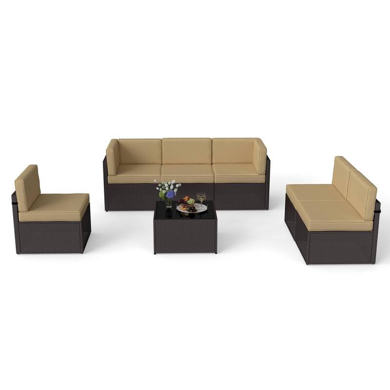 7PC Outdoor Patio Furniture Set, Wicker Patio Sectional Furniture Set with Coffee Table & Cushion for Garden, Backyard, Poolside