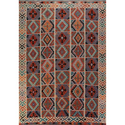 Geometric Kilim Oriental Area Rug Hand-Woven Multi-Color Wool Carpet - 8'4"x 11'6"
