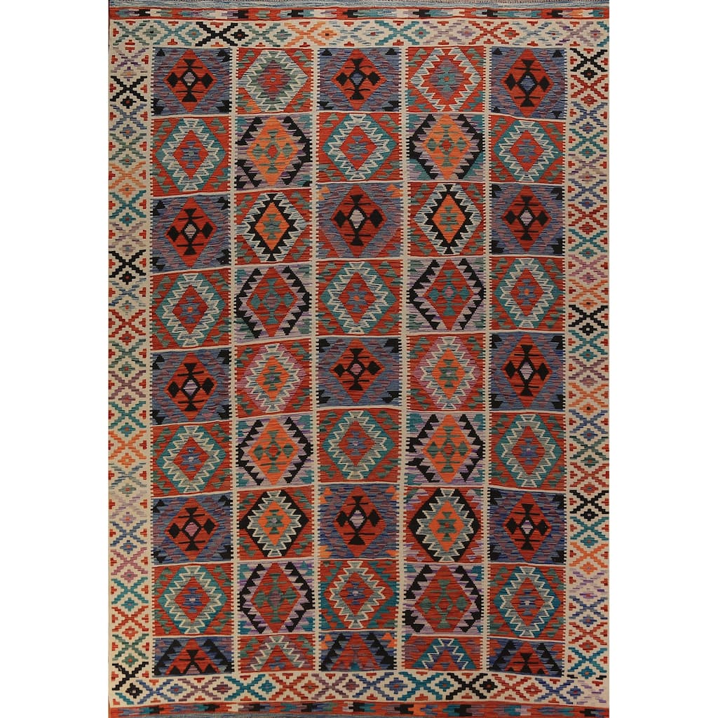 Geometric Kilim Oriental Area Rug Hand-Woven Multi-Color Wool Carpet - 8'4"x 11'6"