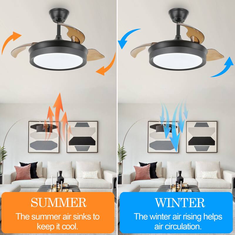 Cusp Barn 36-inch Modern Retractable 3-Blade Ceiling Fan with Lights and Remote DC Motor 6 Speeds LED Ceiling Light