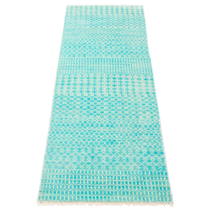 ECARPETGALLERY Hand-knotted Silk Shadow Aqua Wool Rug - 2'6 x 8'0