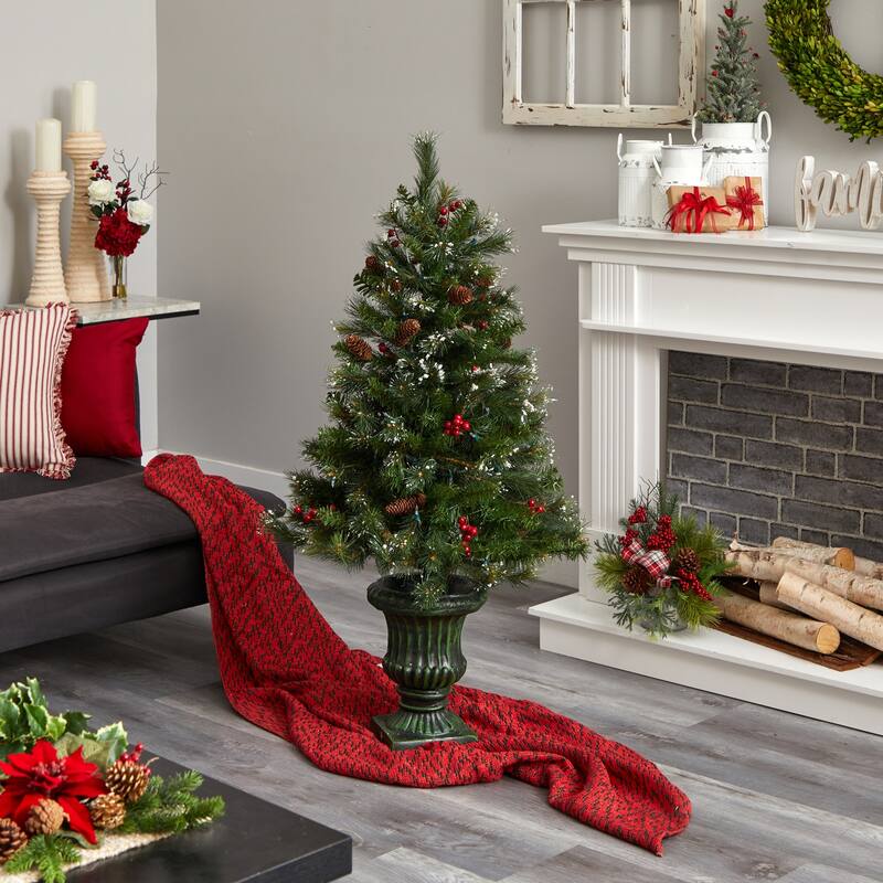 4ft. Christmas Tree with Berries, Pinecones, LED Lights & Decorative Urn - Festive Holiday X-Mas Decoration