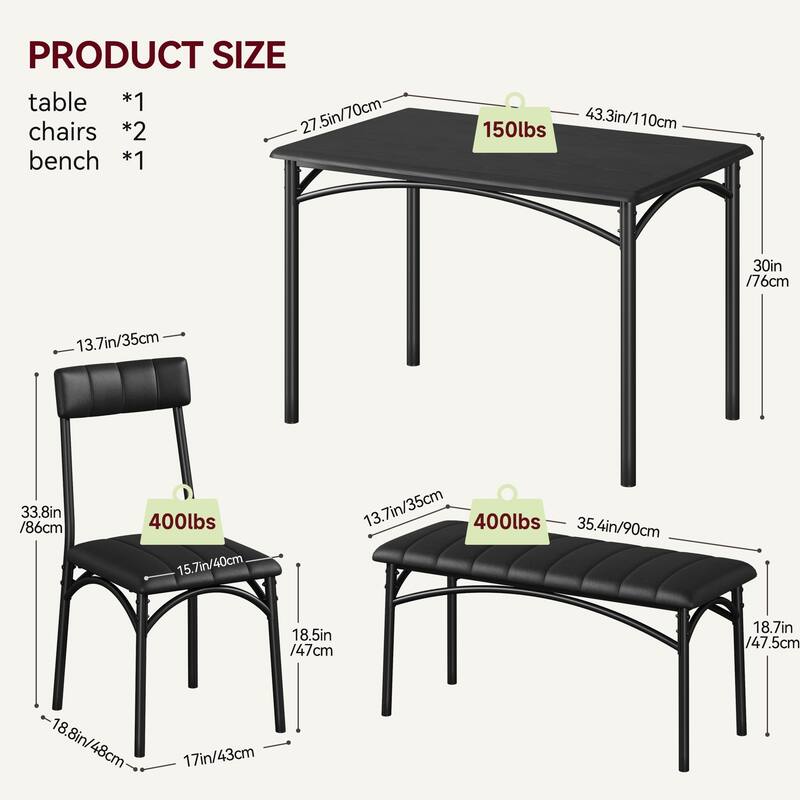 Dining Table Set for 4, Kitchen Table Set for 4 with Upholstered Bench and 2 Chairs