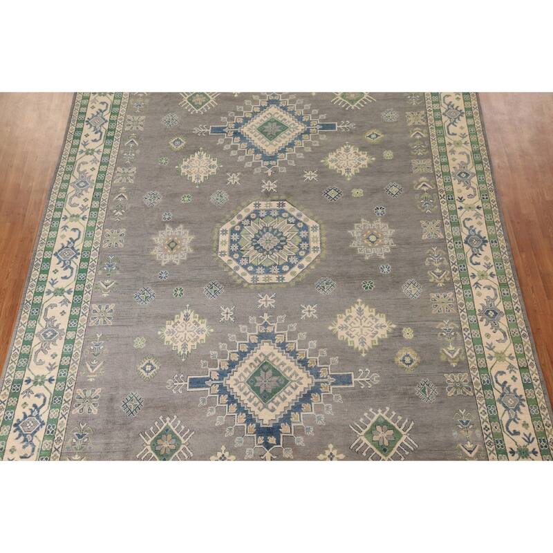 Gray Geometric Kazak Oriental Rug Living Room Handmade Wool Carpet - 9'10"x 13'1"